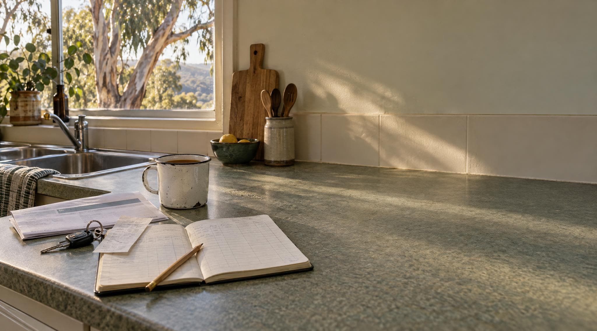 Morning light on a kitchen bench with a folded bill, car keys, a fuel docket and an open budget notebook