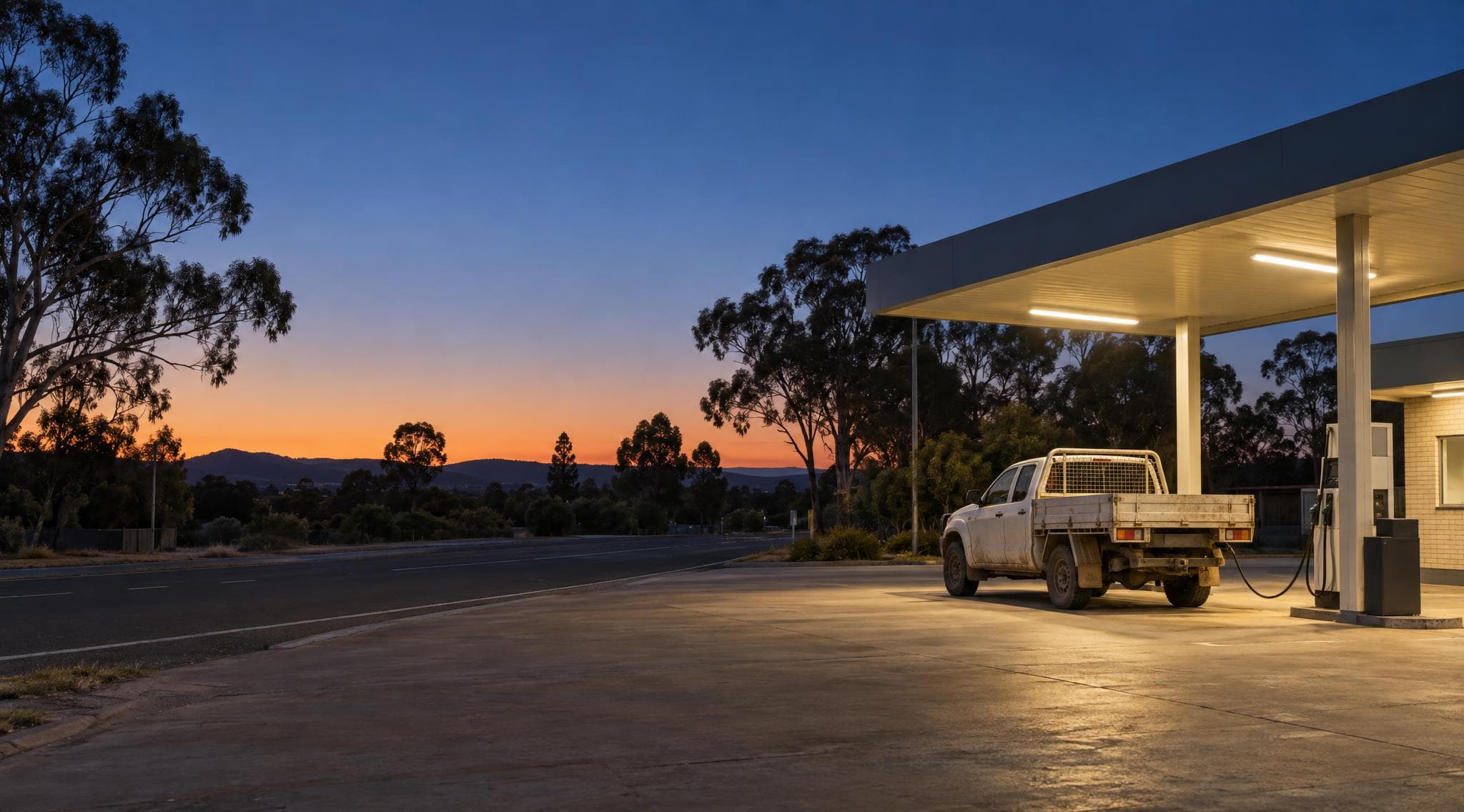 A work ute at a suburban service station at dusk, gum trees against the evening sky